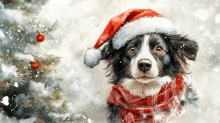 A cute Border Collie wearing a Santa hat and scarf stands under the Christmas tree, watercolor painting