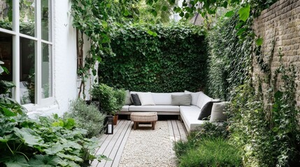 Secluded, lush garden patio with modern white sofa, wooden deck, and climbing plants.
