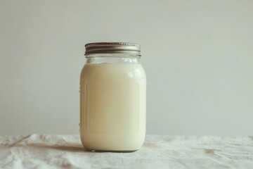 A glass jar of milk stands on a table on a beige background. Kefir in a jar. Wallpaper with white liquid in a jar. Farm products.