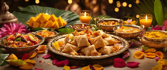 delicious spread of Indian food, banana leaves & flowers for aesthetics, bokeh effect & tea lights, diwali/festival celebrations theme