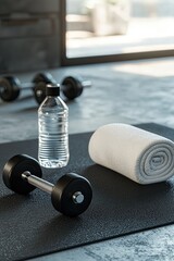 Naklejka na ściany i meble Black dumbbells, a water bottle, and a white towel on a black fitness mat in a gym with a gray concrete floor background