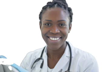 A Compassionate Black Dentist with a Warm Smile Holding a Dental Mirror, Ideal for Healthcare and Diversity Representation