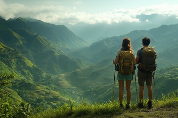 Two hikers stand side by side, admiring the breathtaking view of the Banaue Rice Terraces. 