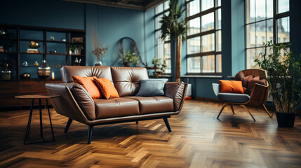 Comfortable elegant sofa armchair on wooden floor in Modern home interior