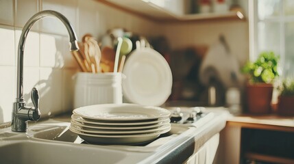 Focuses on the details of cleaning dishes in a well-kept kitchen