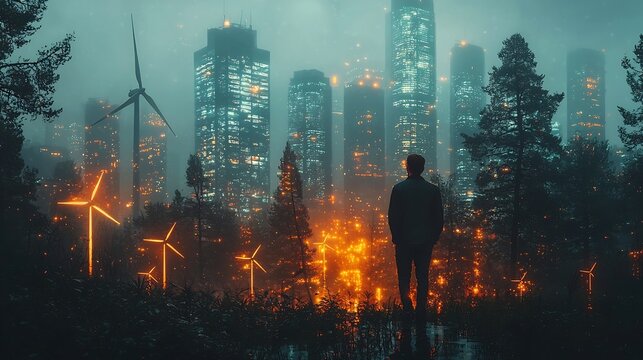 Businessman Surrounded by Renewable Energy Holograms Exploring Solutions for Business Sustainability