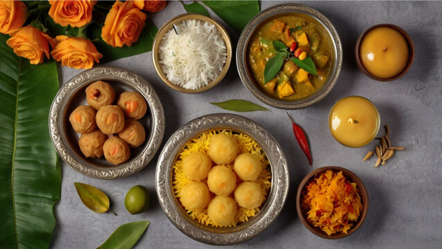 flat lay of yummy Indian food, banana leaves & flowers for aesthetics, festival celebrations theme