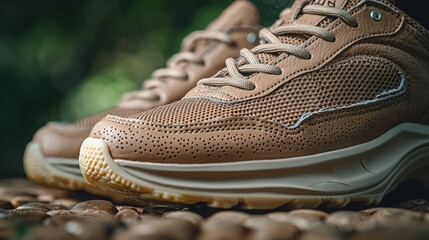 Stylish brown sneakers resting on a bed of smooth pebbles in a serene outdoor setting