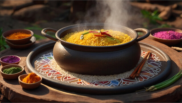 flavorful rice in a big hotpot for festival celebration, rangoli around the place, early morning setup