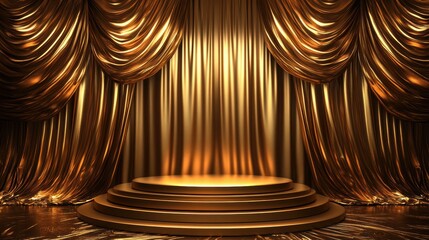 A golden podium with gold curtains on the sides, set against an empty background. 