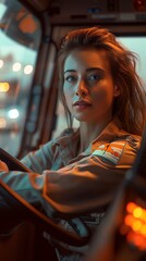 A beautiful young woman is sitting in the driver's seat of a large truck