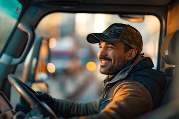 A professional truck driver is behind the wheel of his rig, smiling and looking out at the open road