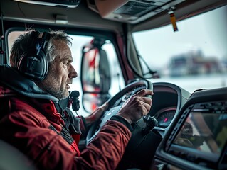 A professional truck driver wearing a headset and looking out the window while driving his truck.