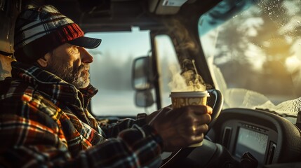 A long haul trucker takes a break to enjoy a cup of coffee and the view.