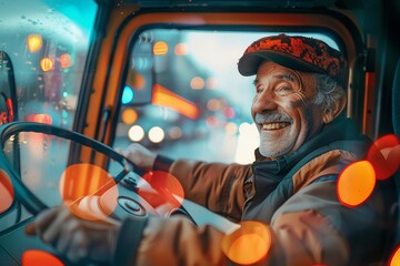 A happy senior trucker smiles while driving his rig through the city at night. The lights of the city are reflected in the windshield.