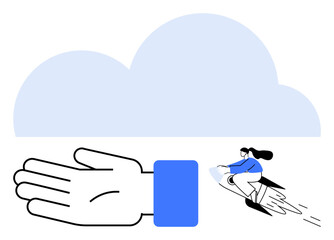 Large hand supporting a woman riding a rocket towards a cloud. Ideal for growth, support, ambition, innovation, progress, dreams, success. Line metaphor