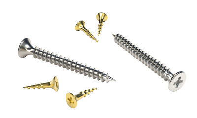 Silver and gold screws rotating on transparent background