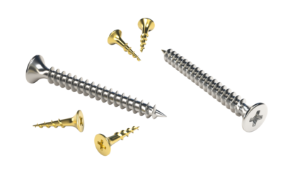Silver and gold screws rotating on transparent background