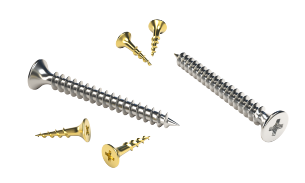 Silver and gold screws rotating on transparent background