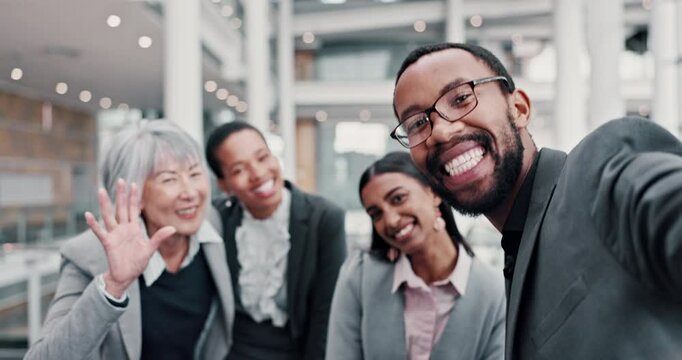 Selfie, happy and peace sign in office, group and celebration for collaboration, colleagues or photography. Business, profile picture and people with smile, friends and fun in law firm and corporate