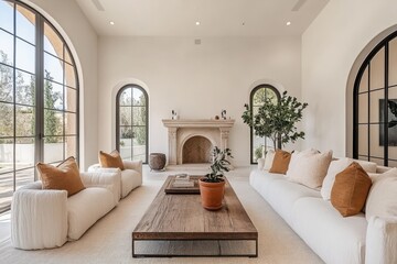 Minimalist modern living room warm neutral tones arched windows arched fireplace