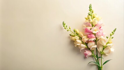 Fototapeta premium Delicate pastel snapdragon blossoms arranged on a creamy background