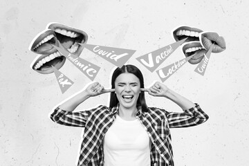 Creative photo 3d collage poster postcard picture of nervous girl finger cover ears refuses listen noise isolated on painting background