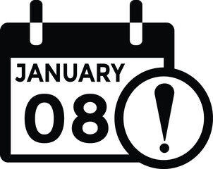 January 8 Calendar Day or Calender Date for Deadlines or Appointment. Calendar vector icon. Deadline. Date. 
