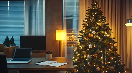 Cozy indoor Christmas setting with a decorated tree and a warm desk ambience