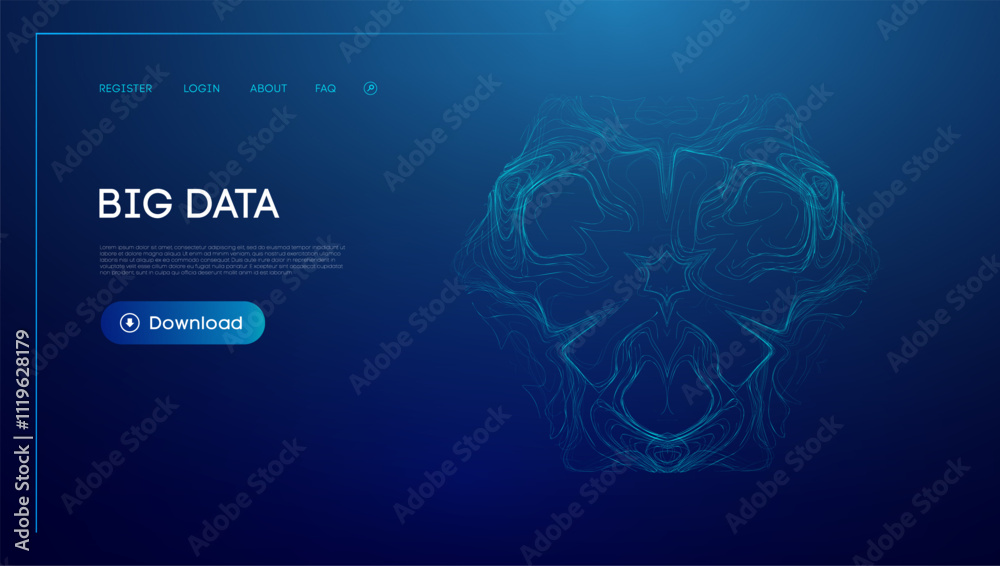 Poster abstract visualization of big data represented in blue hues with geometric patterns and a download b
