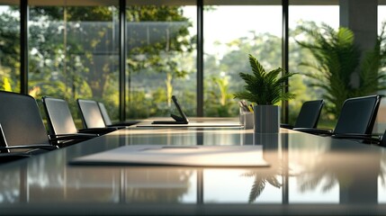 Sophisticated workspace with a contract on a table, luxurious details visible in the modern conference room design
