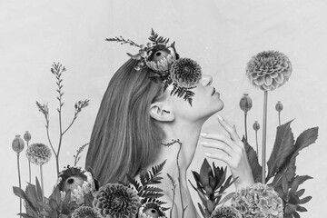 Exclusive magazine picture sketch collage image of adorable lady flowers cover face isolated...