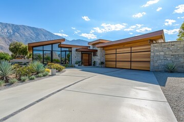 Naklejka premium Modern architectural home wooden panels glass walls angular roof stone facade