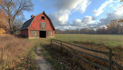 Obraz premium Rustic red barn in autumnal field.