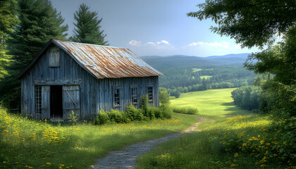 Fototapeta premium Rustic weathered barn on hilltop overlooking green valley.