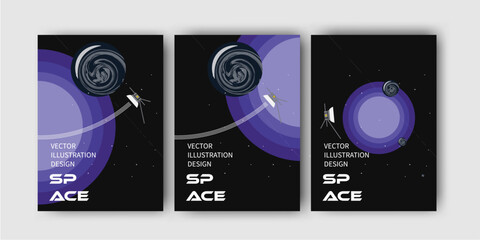 set of minimalist trendy illustration of satellite, cosmic space posters © biswas