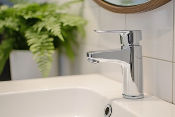 Fototapeta premium Modern bathroom sink chrome faucet white ceramic basin potted plants greenery natural light