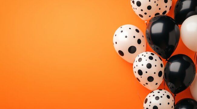 Halloween balloons with black and white colors on an orange background, a Halloween concept