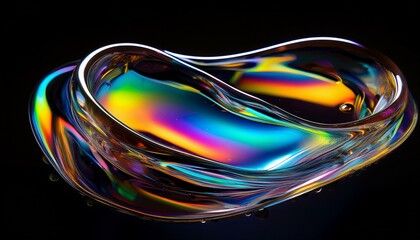 虹色に輝く油膜と石油、黒い背景で質感と色彩が際立つ魅力的なアート
