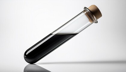 シンプルな白背景に置かれた試験管、石油の黒い輝きとガラスの透明感が特徴的なデザイン
