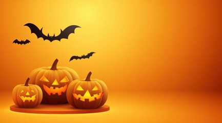 Halloween podium background with pumpkins and flying bats on an orange pastel-colored background