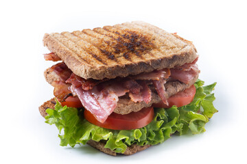 Bacon sandwich with lettuce and tomato isolated on white background