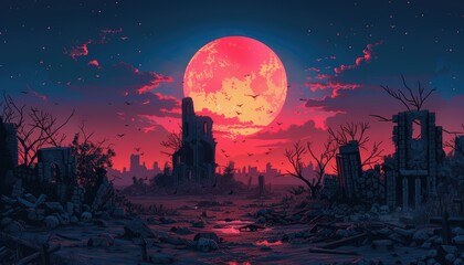 Naklejka premium Crimson Moon Over Desolate Ruins And Cityscape