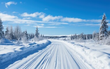 Obraz premium A snowy road stretches through a winter landscape with frosty trees, inviting peaceful travel