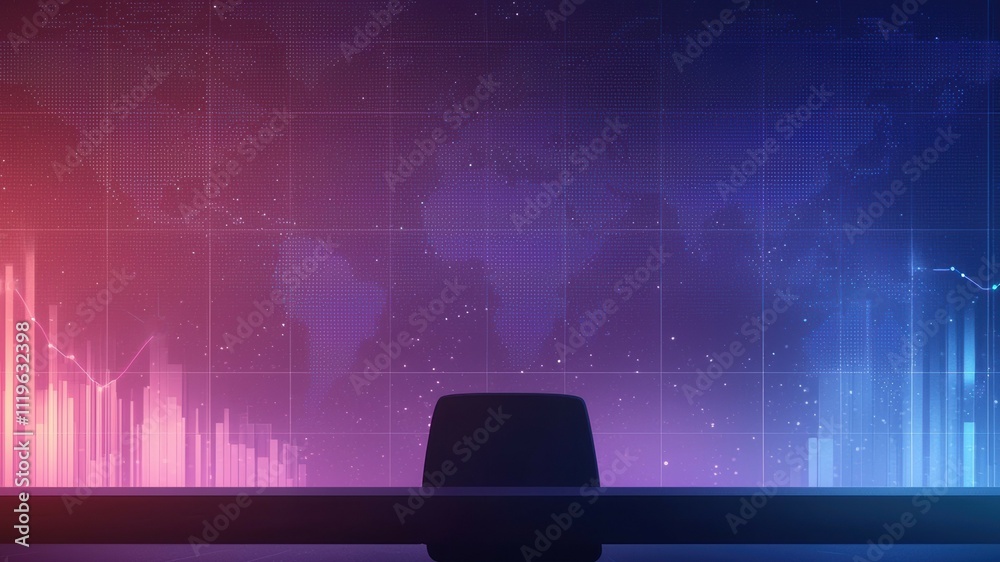 Poster glowing global map background with colorful data visualization for digital projects