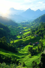 Obraz premium Sunlit valley landscape with lush green terraced hills and distant mountains.