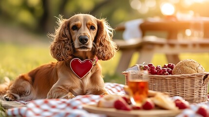 Adorable Cocker Spaniel Dog with Heart-Shaped Pendant Enjoying a Picnic in a Sunlit Park with Delicious Treats and Fresh Berries