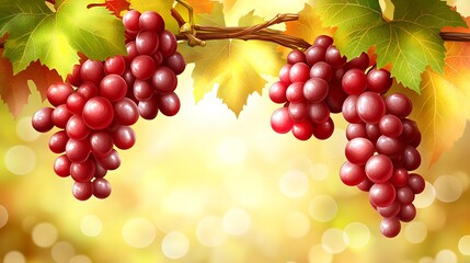 Red Grapes Hanging On Vine With Autumn Leaves