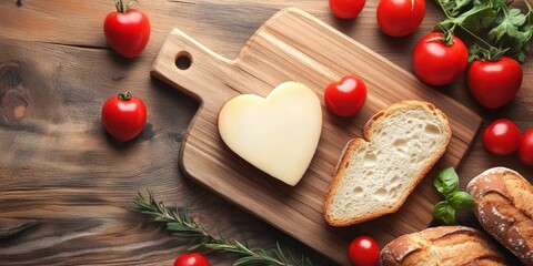 Heart-Shaped Cheese on Rustic Wooden Cutting Board Surrounded by Fresh Ingredients and Bread in Flat Lay Composition for Culinary Inspiration