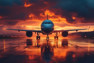 A jet stands on the runway against a colorful sunset backdrop